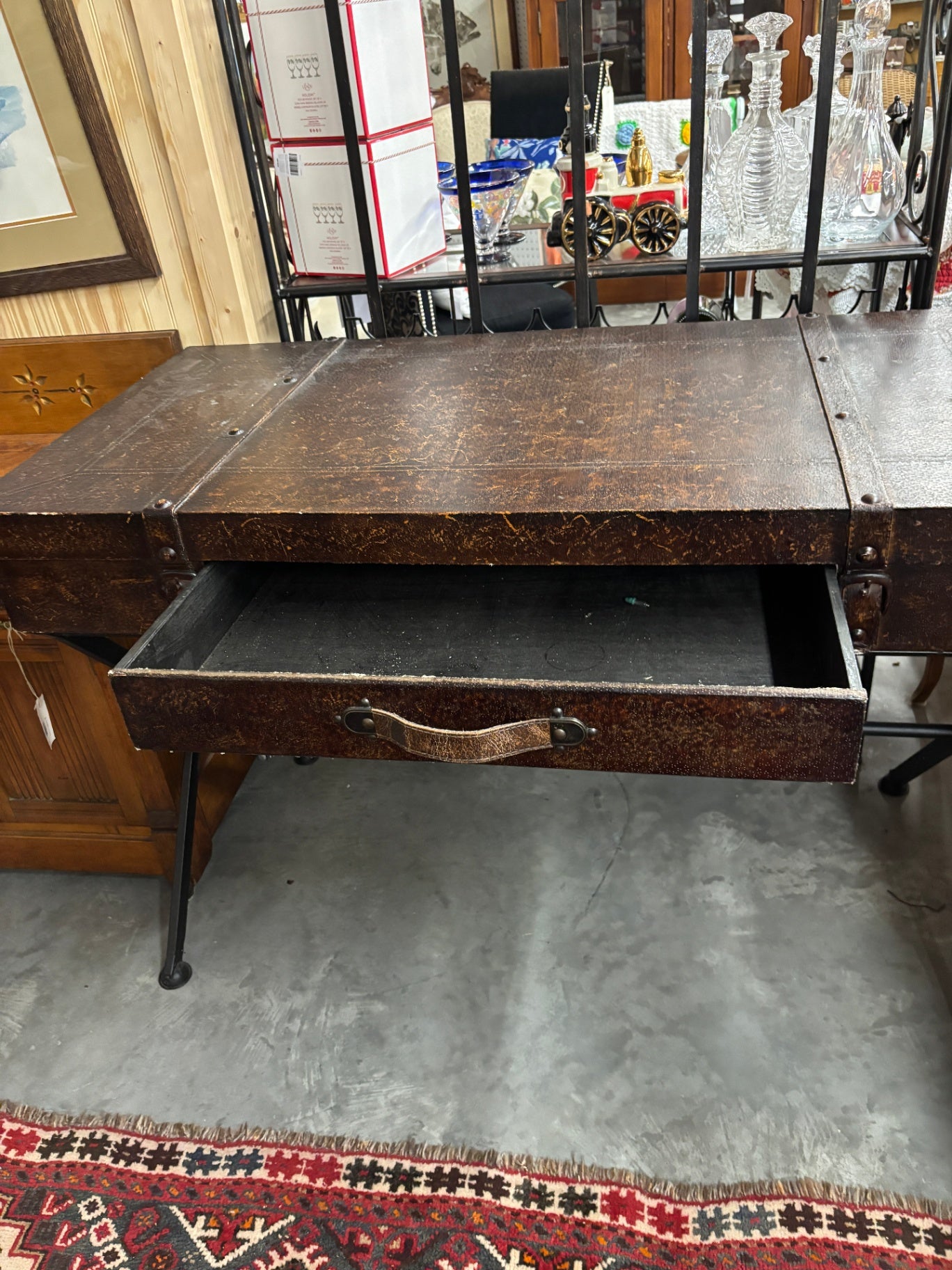 Industrial Campaign-Style Leather Trunk Desk / Console Table