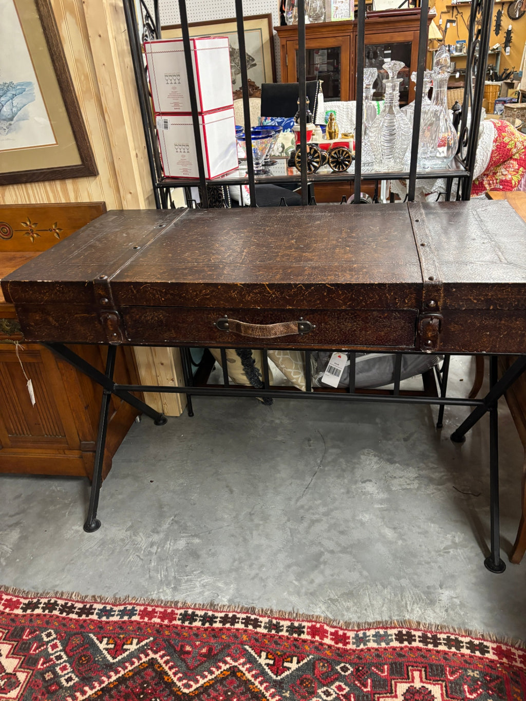Industrial Campaign-Style Leather Trunk Desk / Console Table