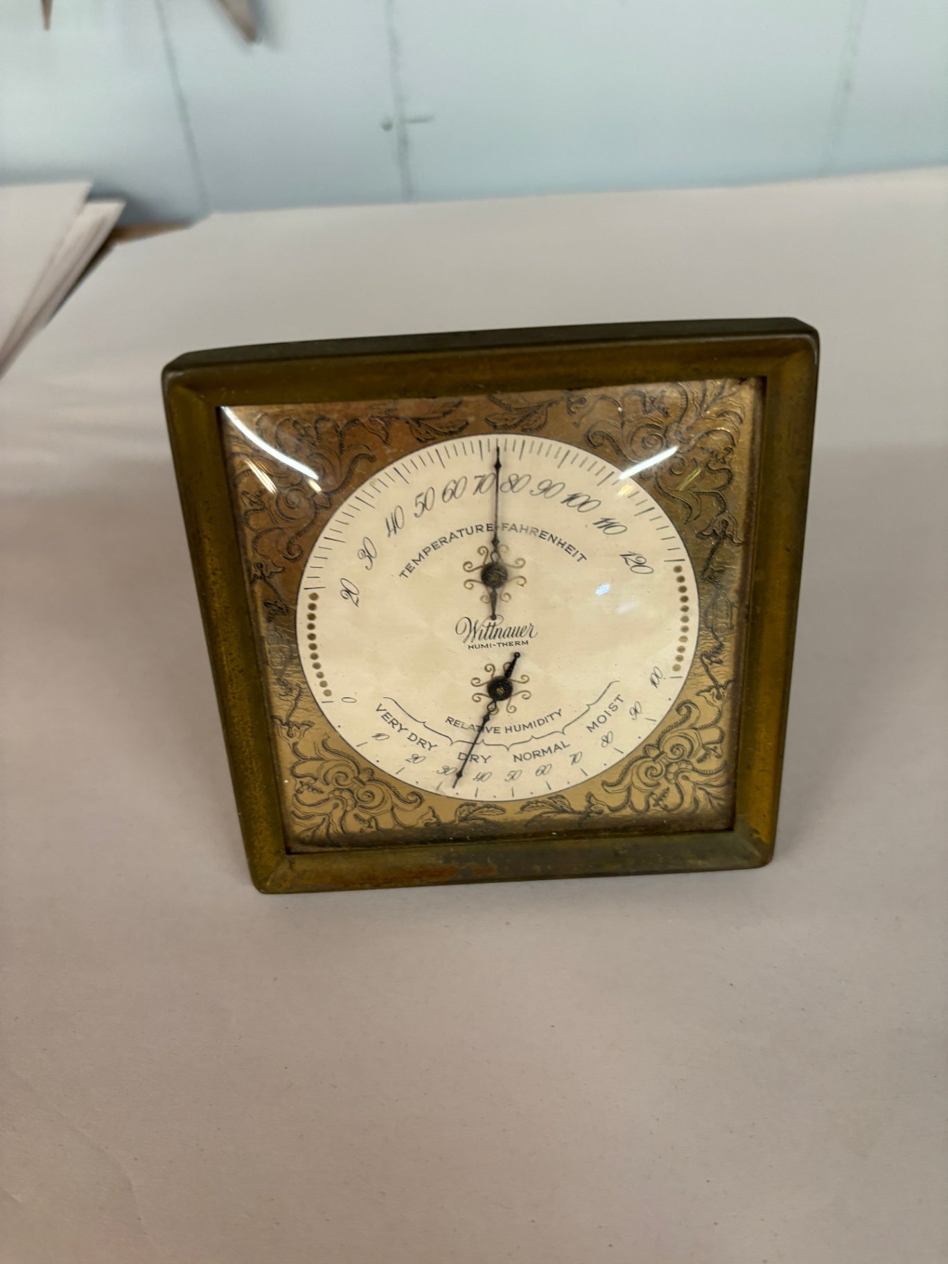 WITTNAUER Humi-Therm Thermometer Humidity Instrument Gauge Brass Glass Art Deco