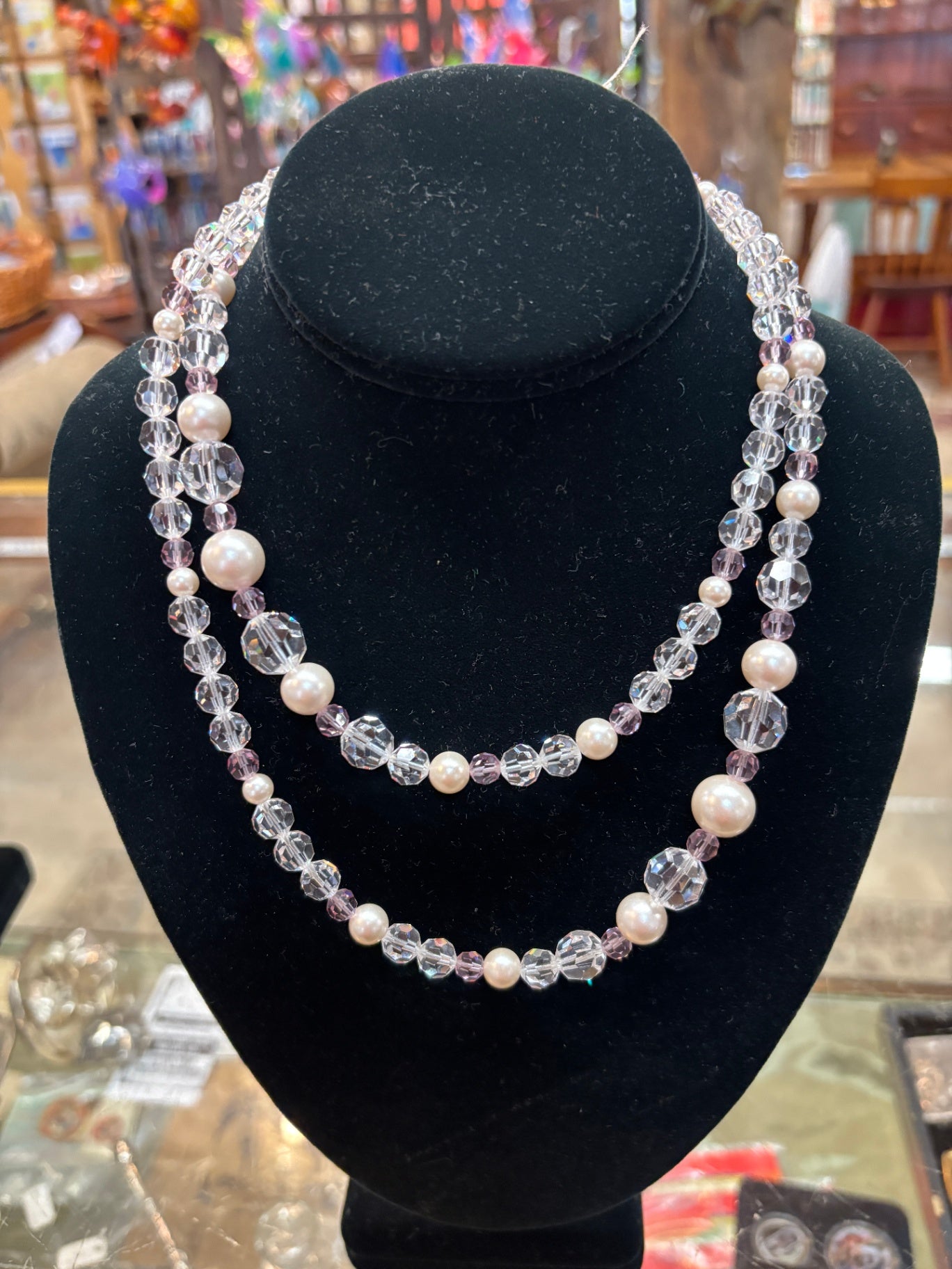 17in Elegant double-strand necklace features graduated faux pearls interspersed with sparkling faceted crystal and soft pink accent beads.