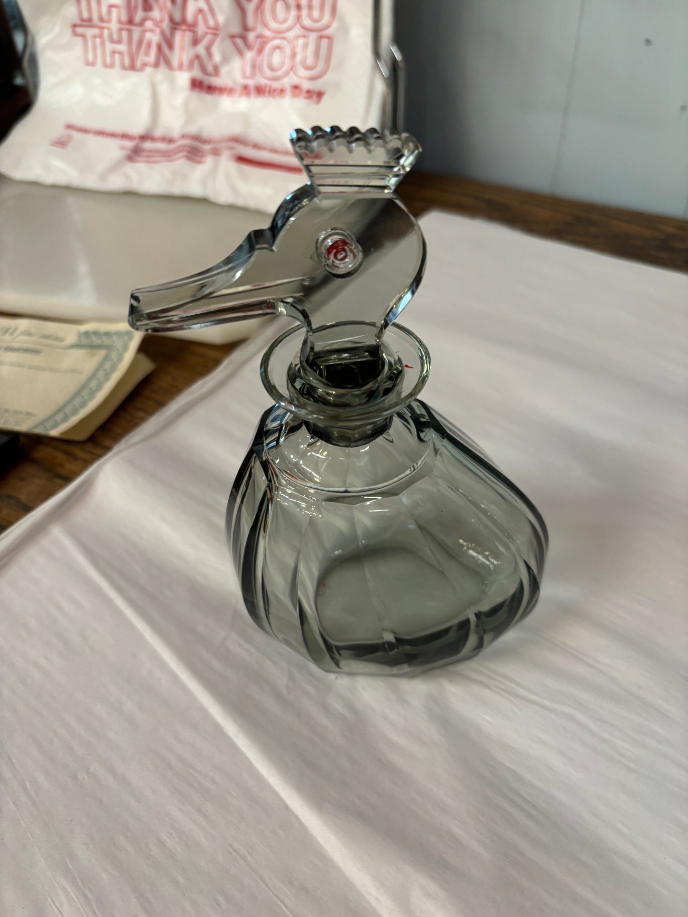 Vintage Clear Crystal Duck Head Decanter with Red Glass Eye Stopper