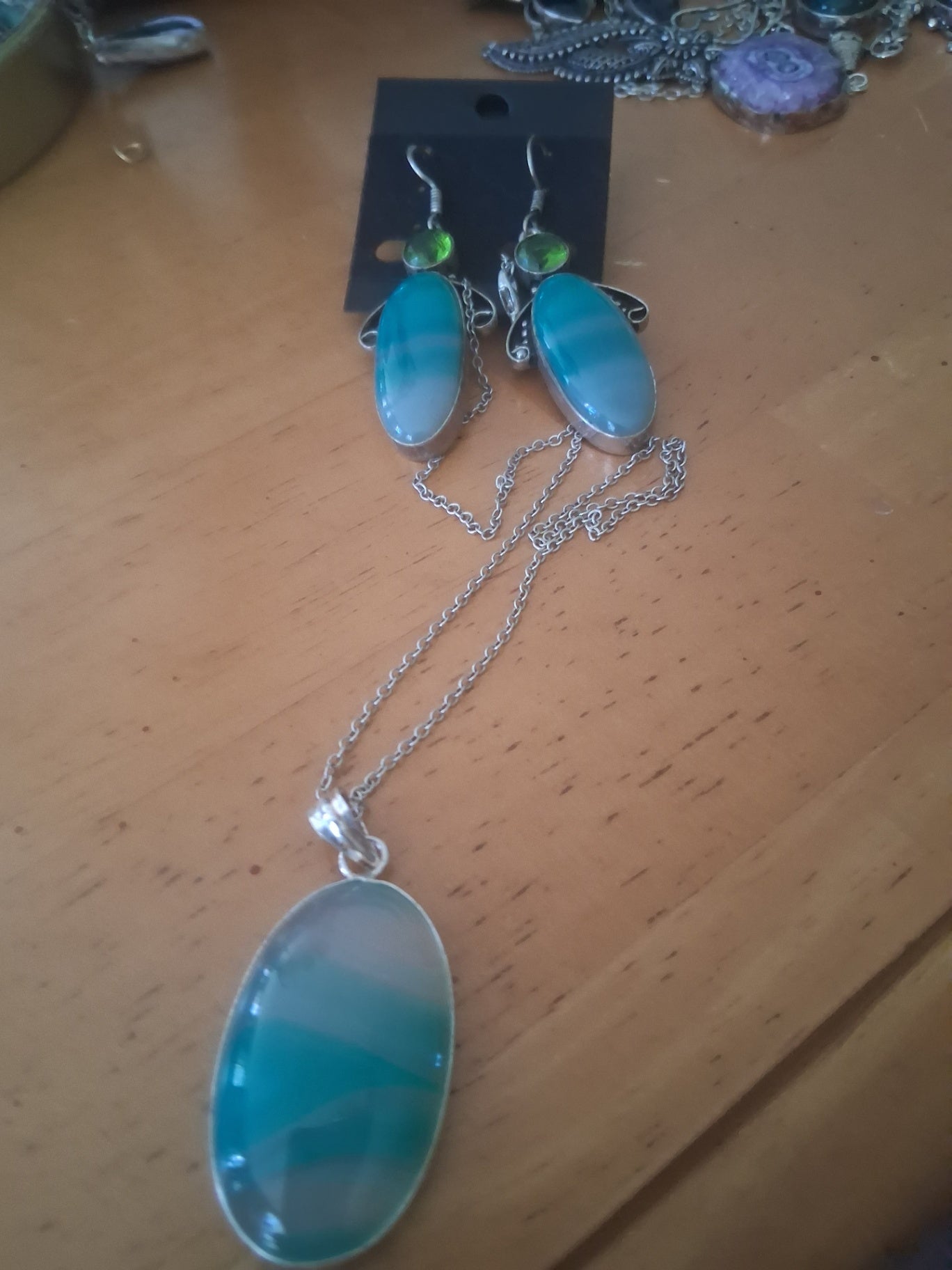 Necklace n earrings agate teal dsc