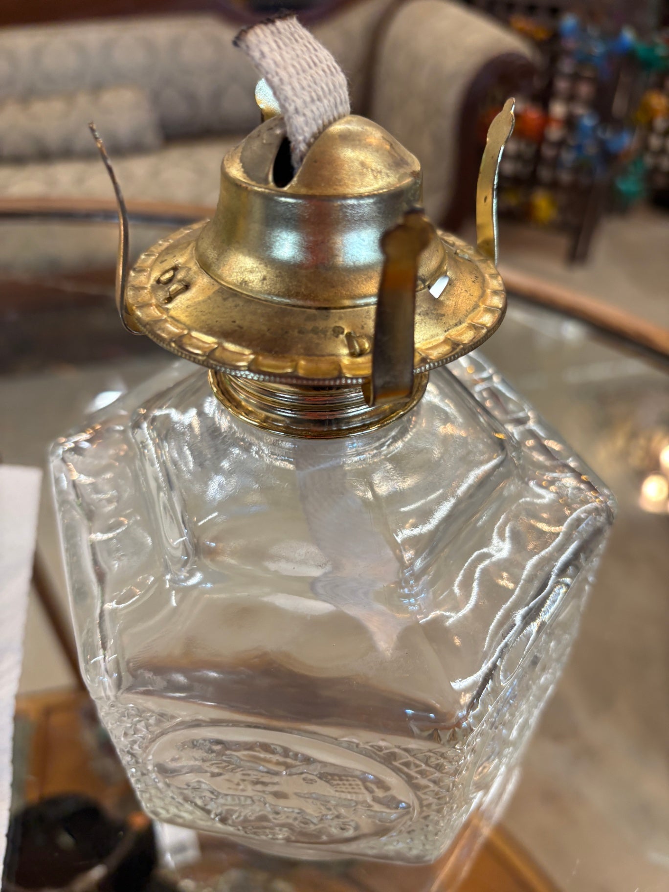  vintage Lamplight Farms "Horse & Buggy" pressed glass oil lamp base.