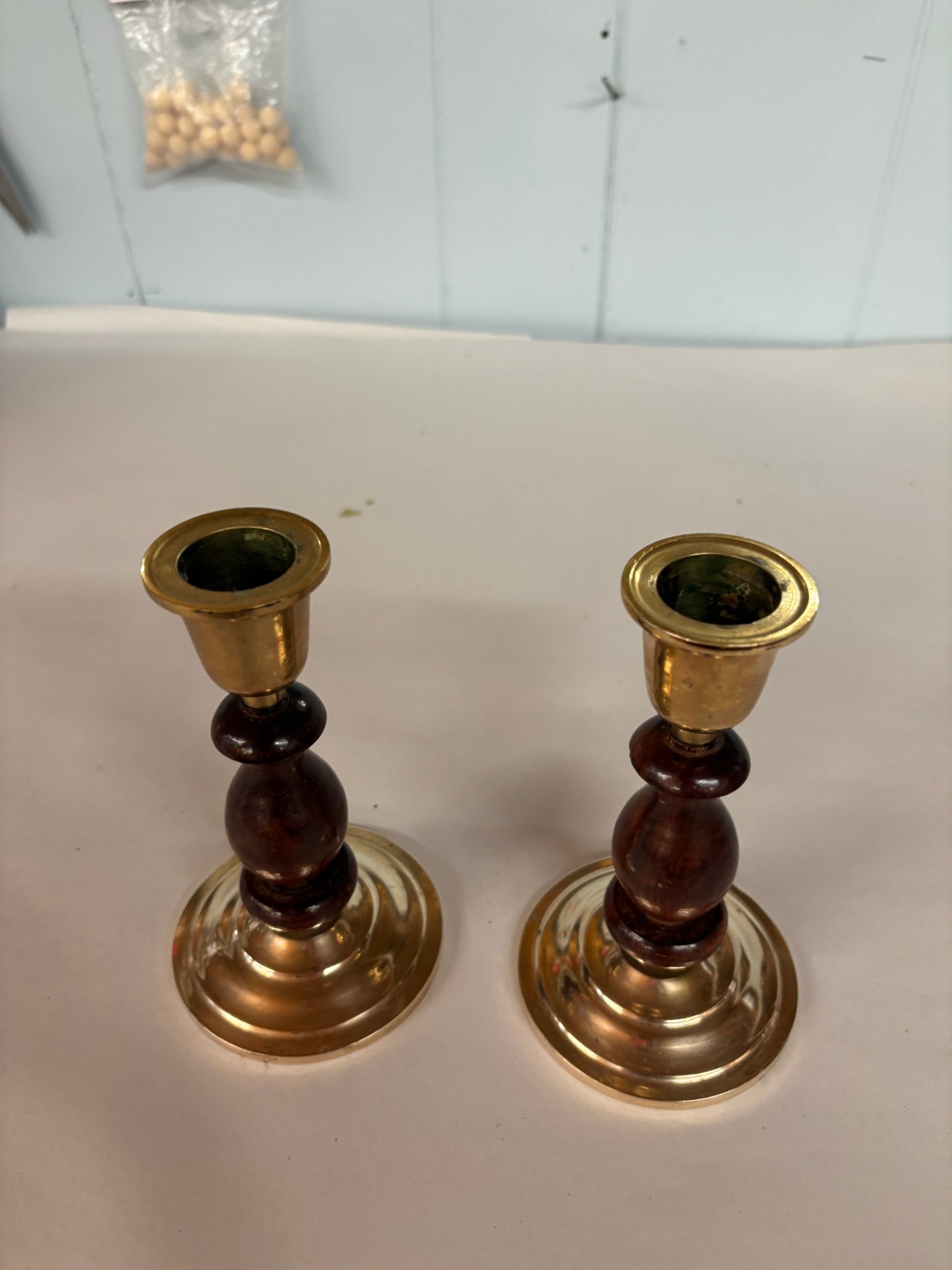  Pair of Vintage Brass and Turned Wood Candlestick Holders