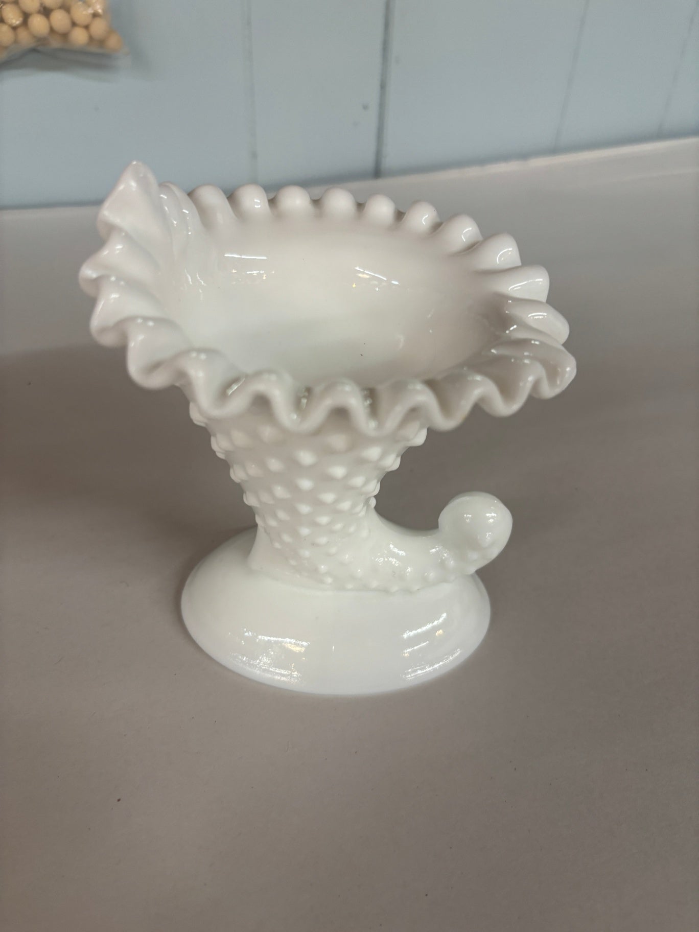 Vintage White Milk Glass Hobnail Cornucopia Compote with Ruffled Rim