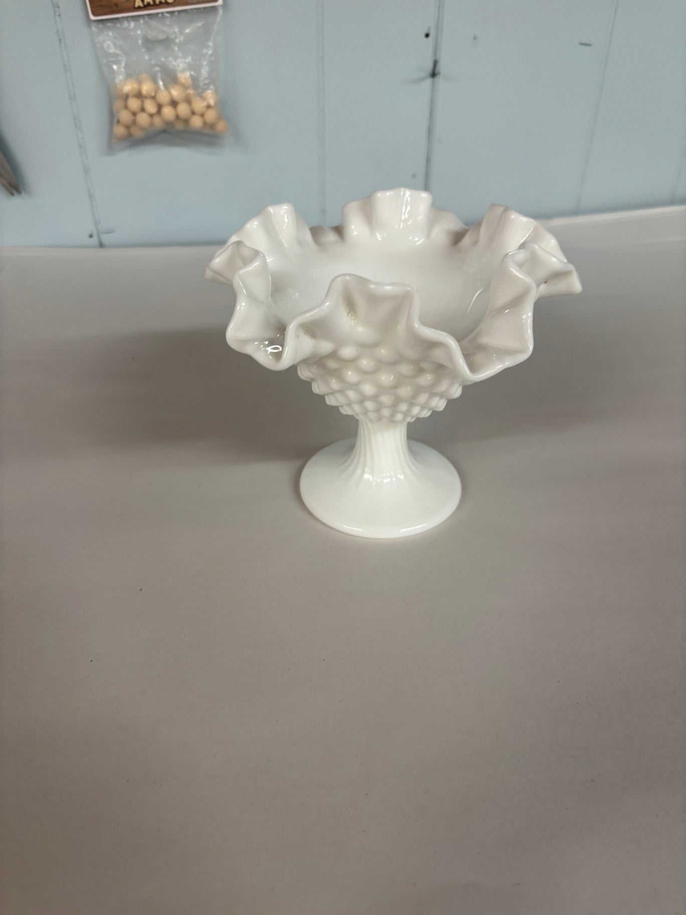 Vintage White Milk Glass Hobnail Ruffled Pedestal Compote Bowl