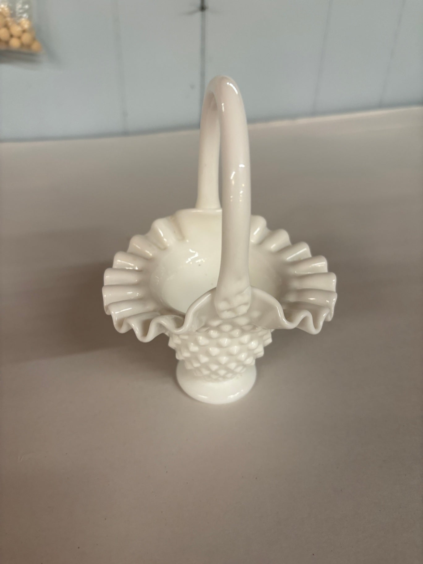 Vintage White Milk Glass Hobnail Ruffled Basket with Applied Handle