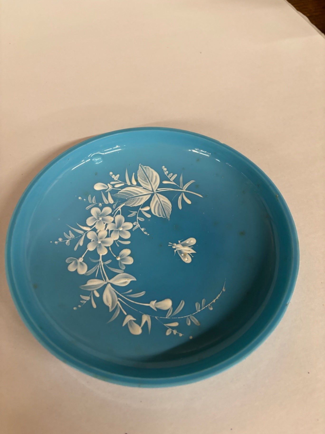 Vintage Turquoise Blue Glass Bowl with Hand-Painted White Floral & Butterfly Design