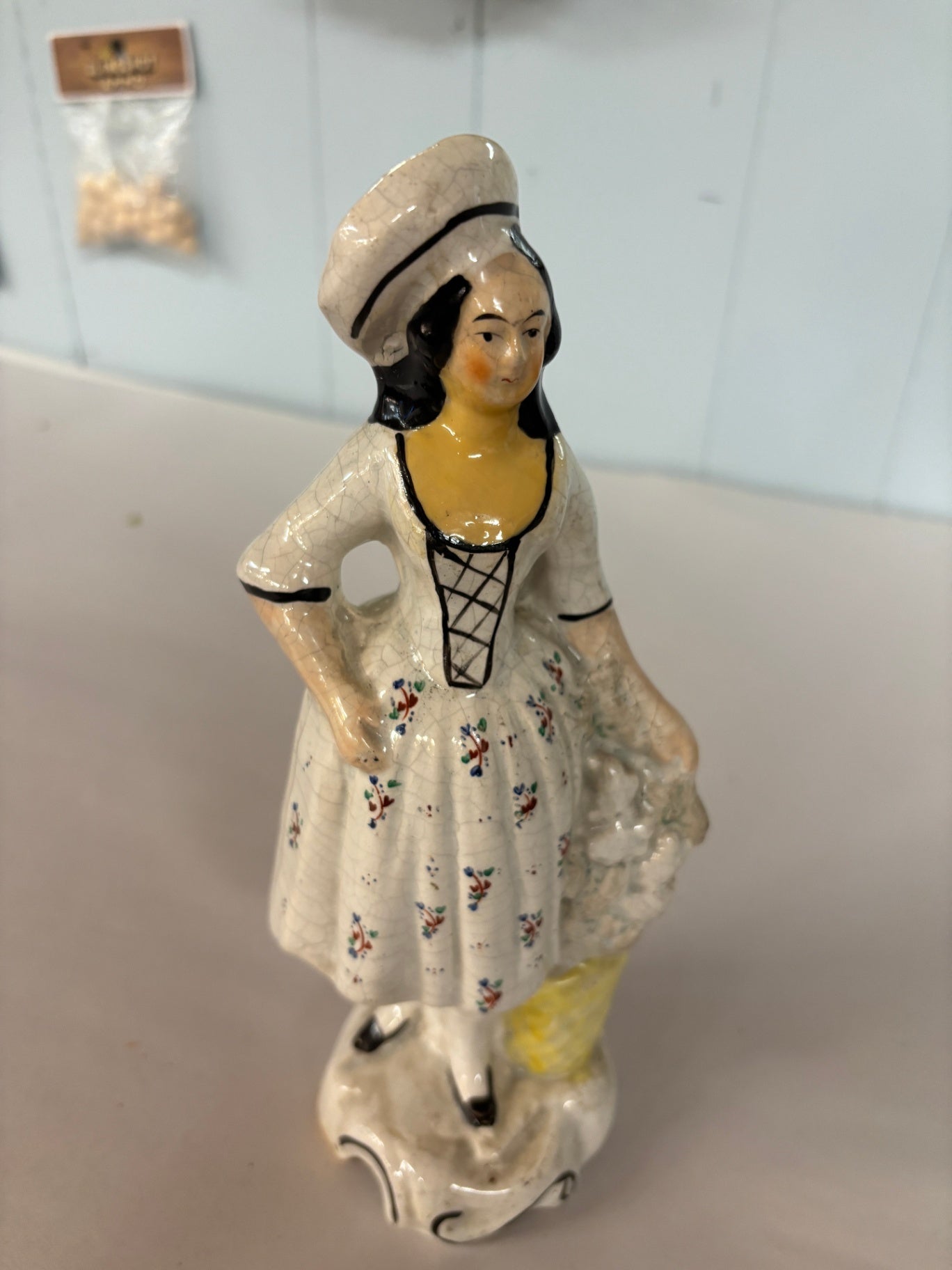 Antique Staffordshire-Style Hand-Painted Lady with Basket Figurine