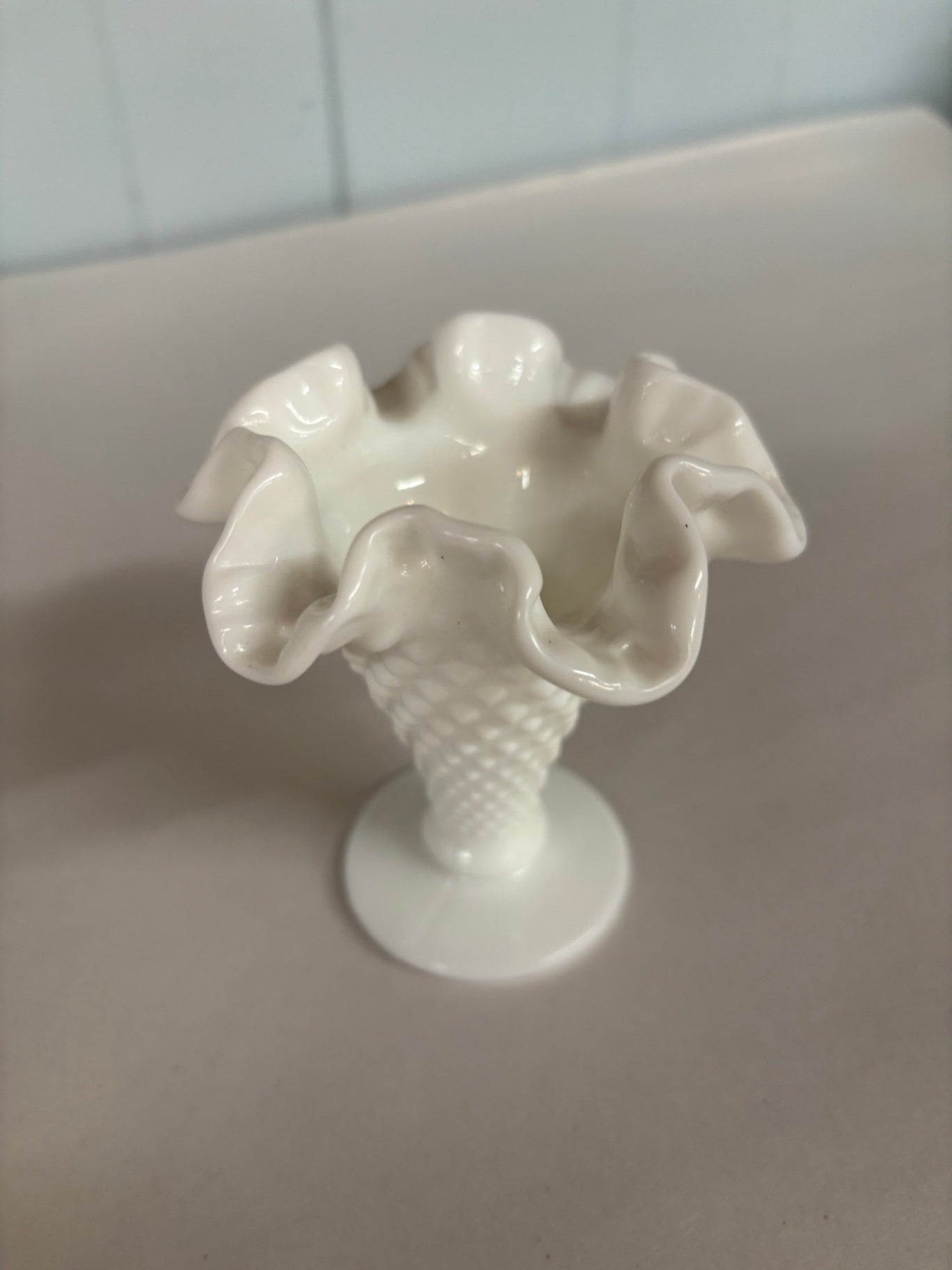 Vintage White Milk Glass Hobnail Ruffled Pedestal Compote Vase