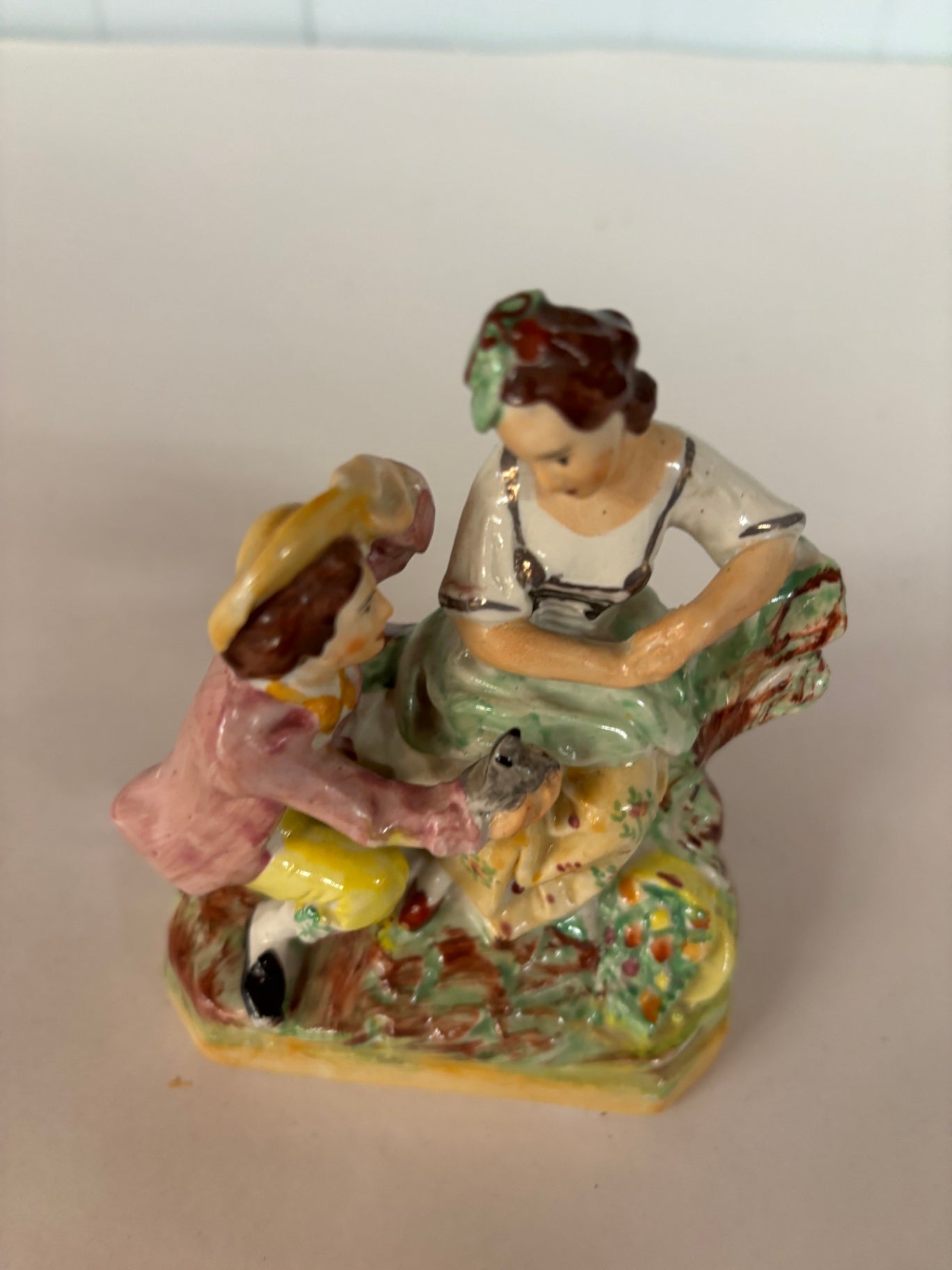Vtg English Staffordshire Figural Couple Man Presenting Lover Owl Furry Creature