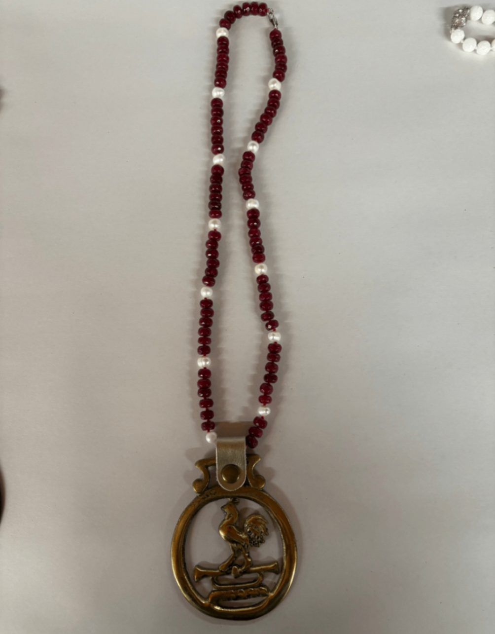 Dark Mead Jade Beads 14" necklace with freshwater pearls with Gamecock pendant