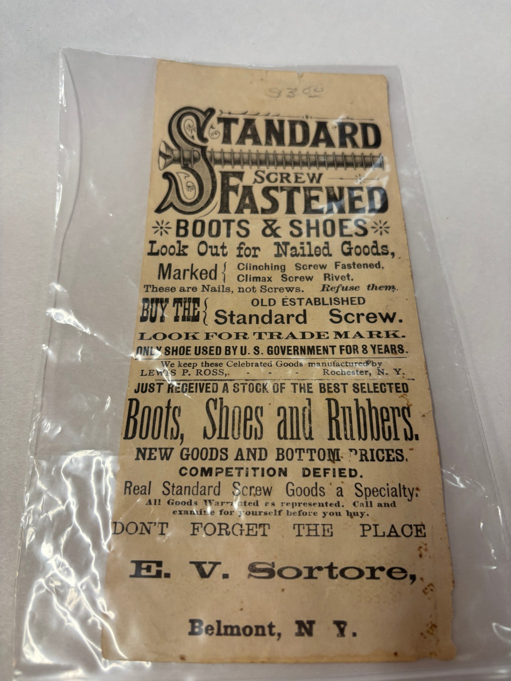 Antique 1880s Standard Screw Fastened Boots & Shoes Advertising Trade Card – Belmont NY
