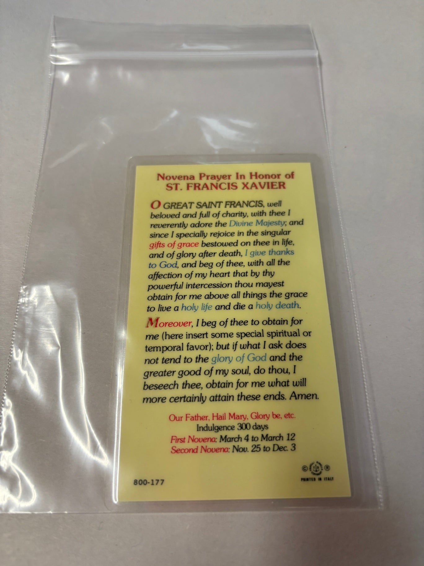 St. Francis Xavier Catholic Novena Prayer Card – Printed in Italy