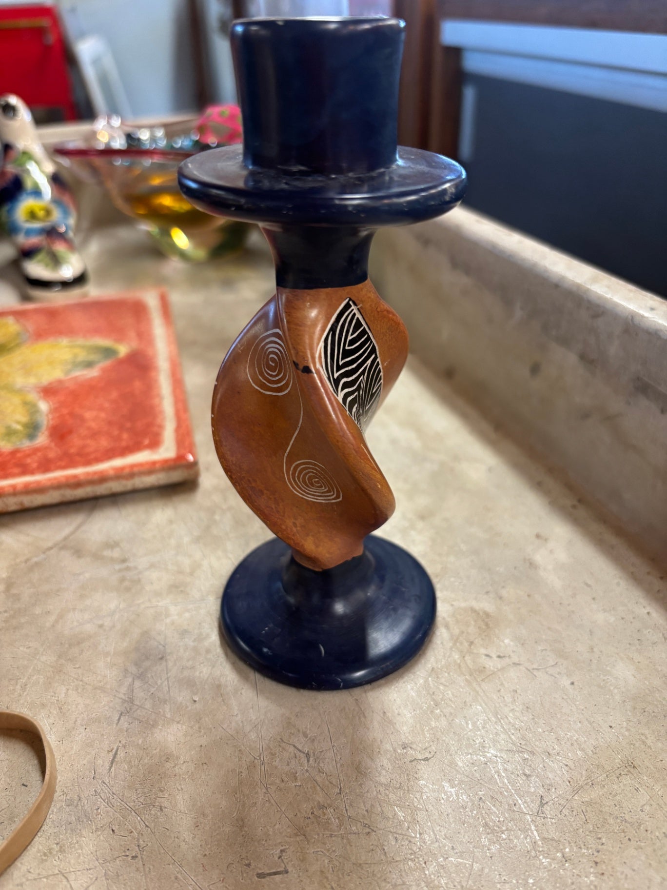 Hand-carved, twisted soapstone candlestick holder