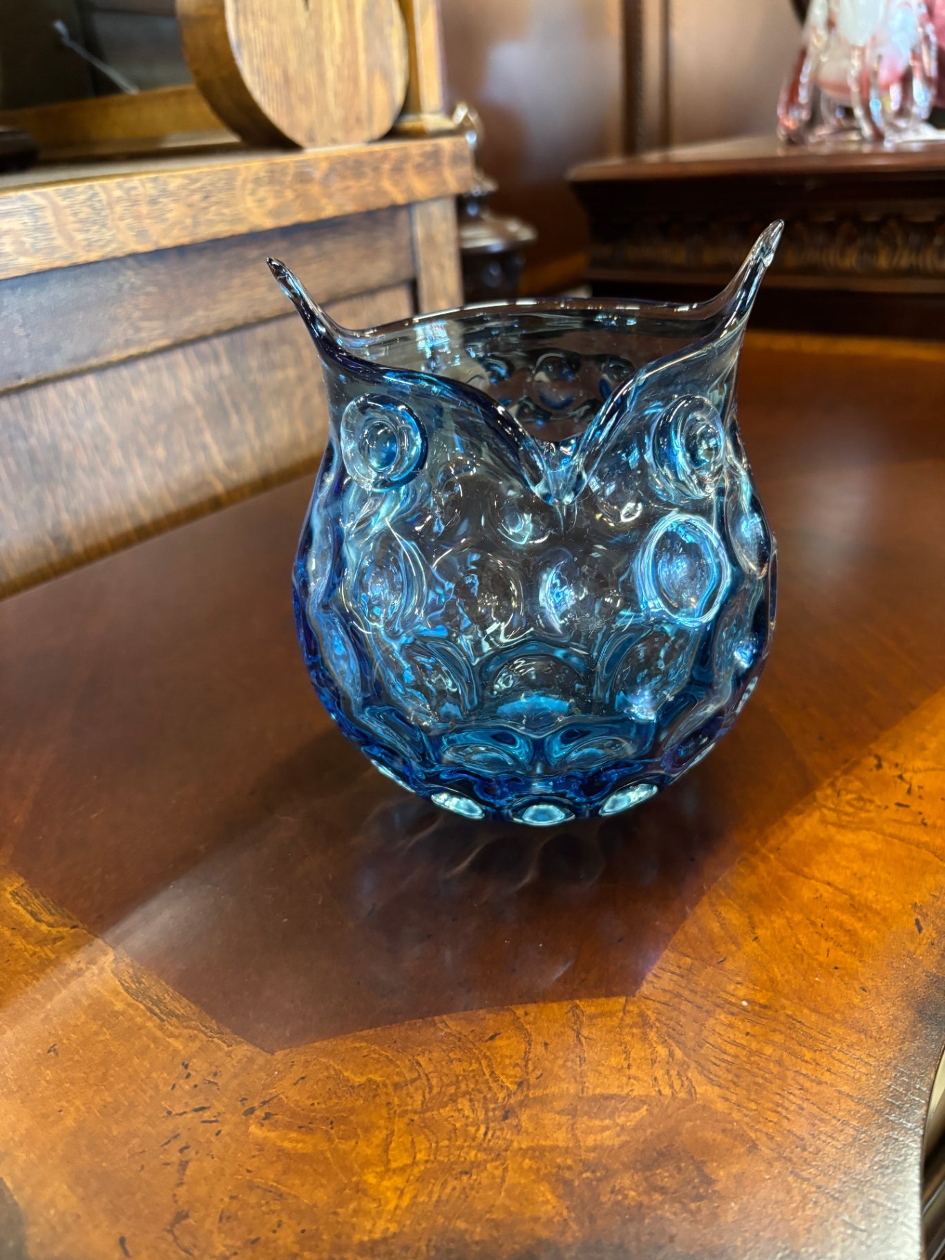 Blue pressed glass art glass owl-shaped vase or bowl featuring a textured honeycomb or bubble pattern