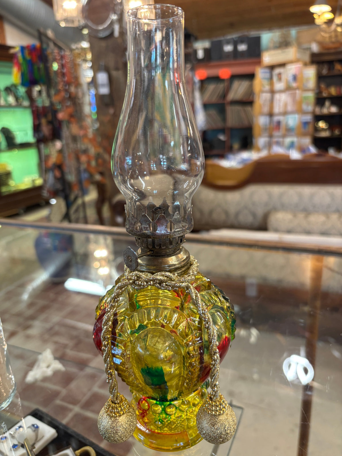 Vintage miniature pressed-glass oil lamp, likely made in Hong Kong during the 1960s or 1970s