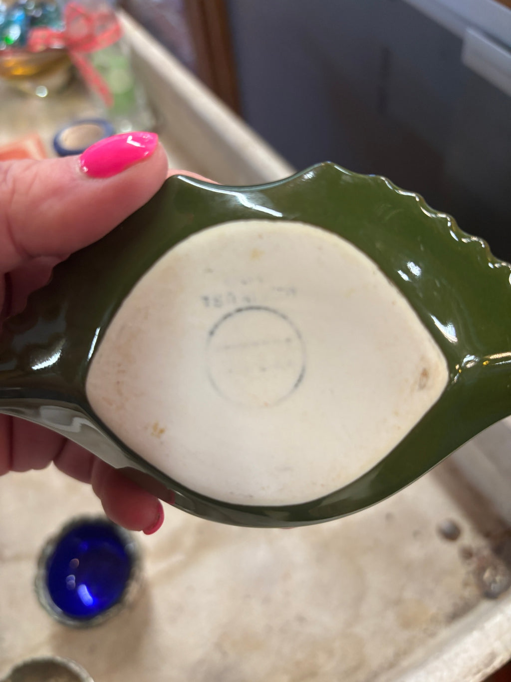 Vintage green ceramic crab shell dish