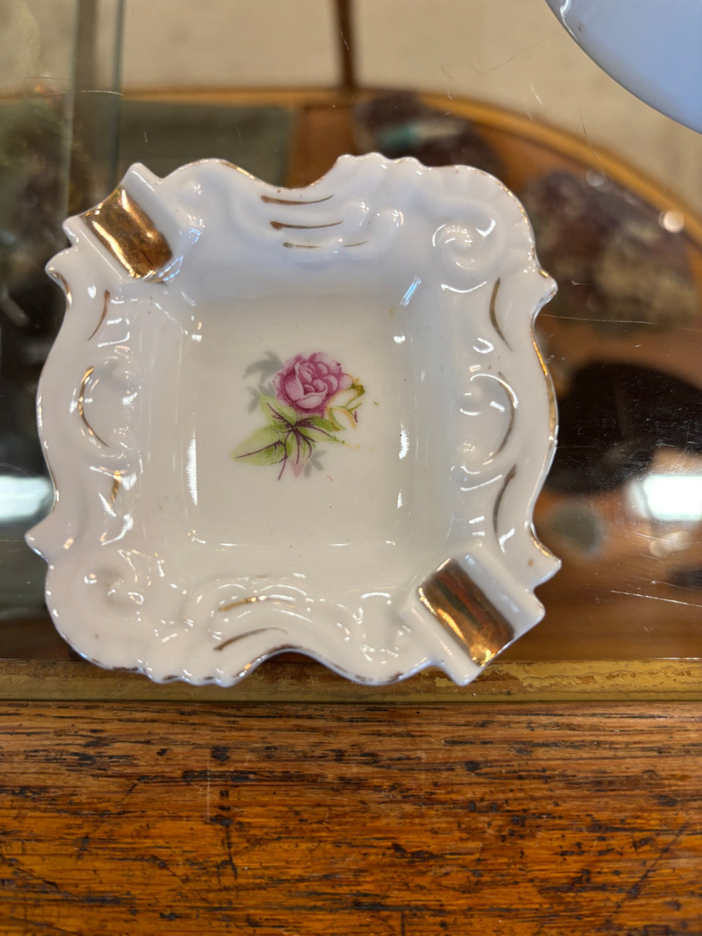Set of 2 Vintage porcelain square ashtray adorned with a delicate pink and yellow rose motif and gold-gilded accents Made in Japan