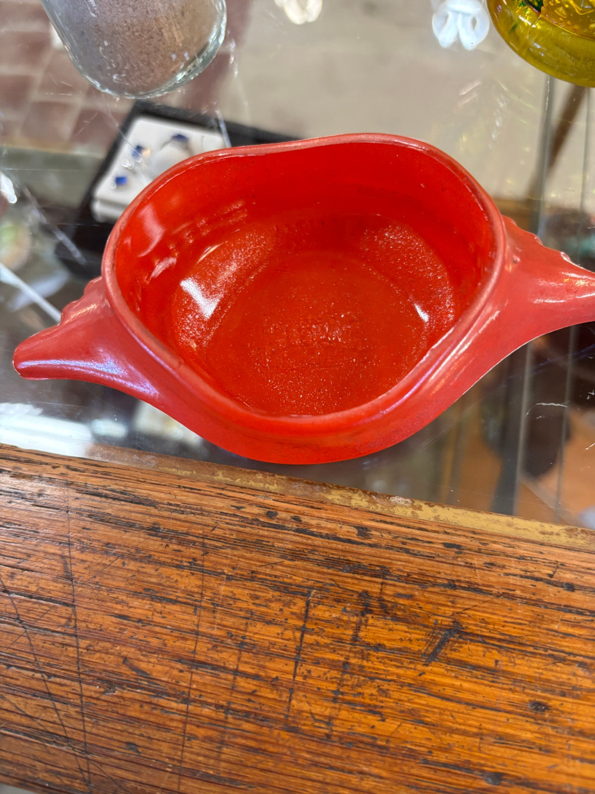 McKee Glasbake vintage red glass deviled crab baking dish, likely a mid-century piece from the line styled in the shape of a shell