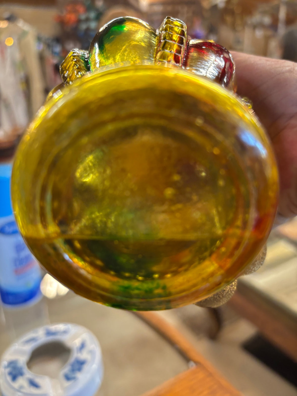Vintage miniature pressed-glass oil lamp, likely made in Hong Kong during the 1960s or 1970s