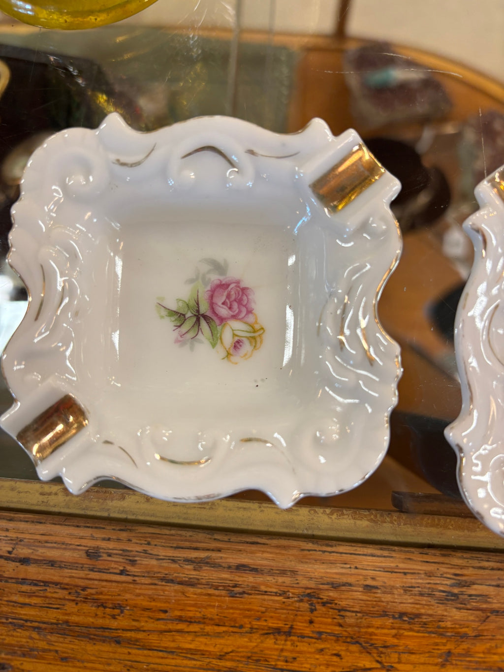 Set of 2 Vintage porcelain square ashtray adorned with a delicate pink and yellow rose motif and gold-gilded accents Made in Japan