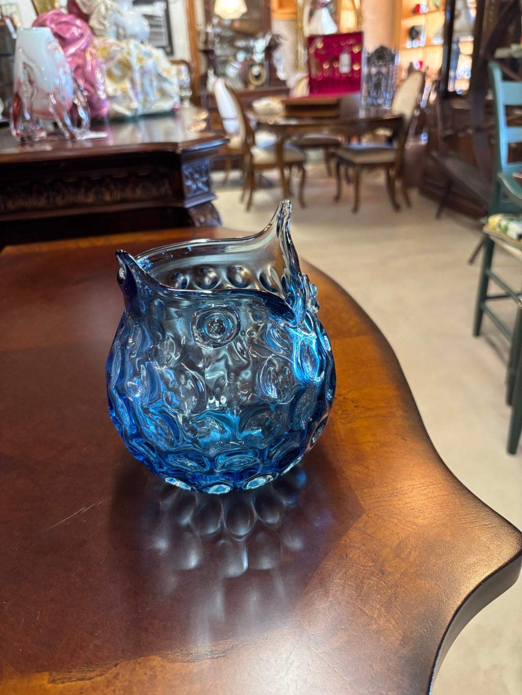 Blue pressed glass art glass owl-shaped vase or bowl featuring a textured honeycomb or bubble pattern