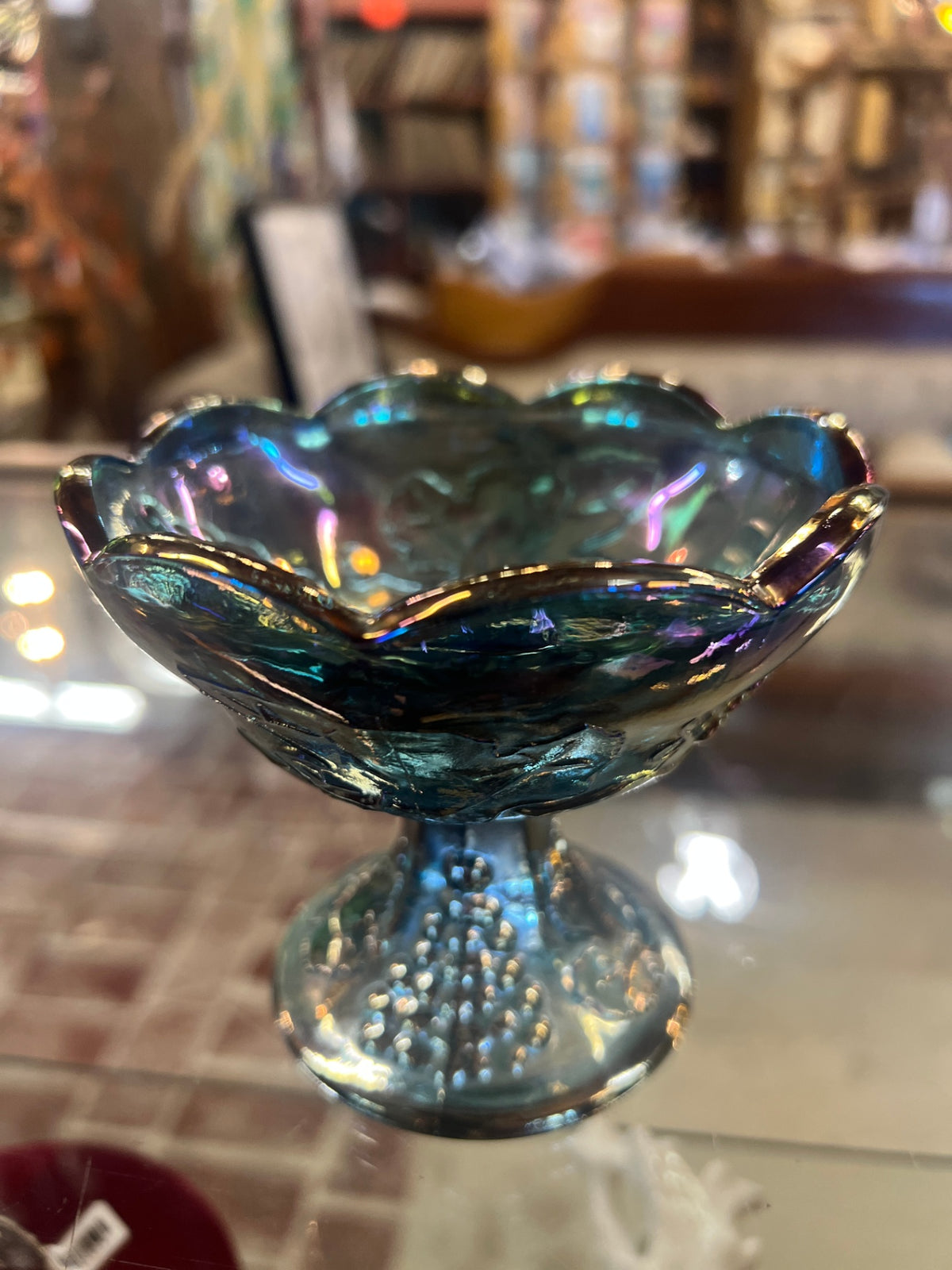 Vintage Blue Carnival Glass Grape Pattern Candle Holder Pedestal