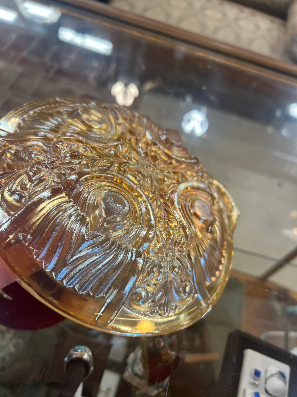 Carnival Indiana Glass divided relish dish in Iridescent Marigold color