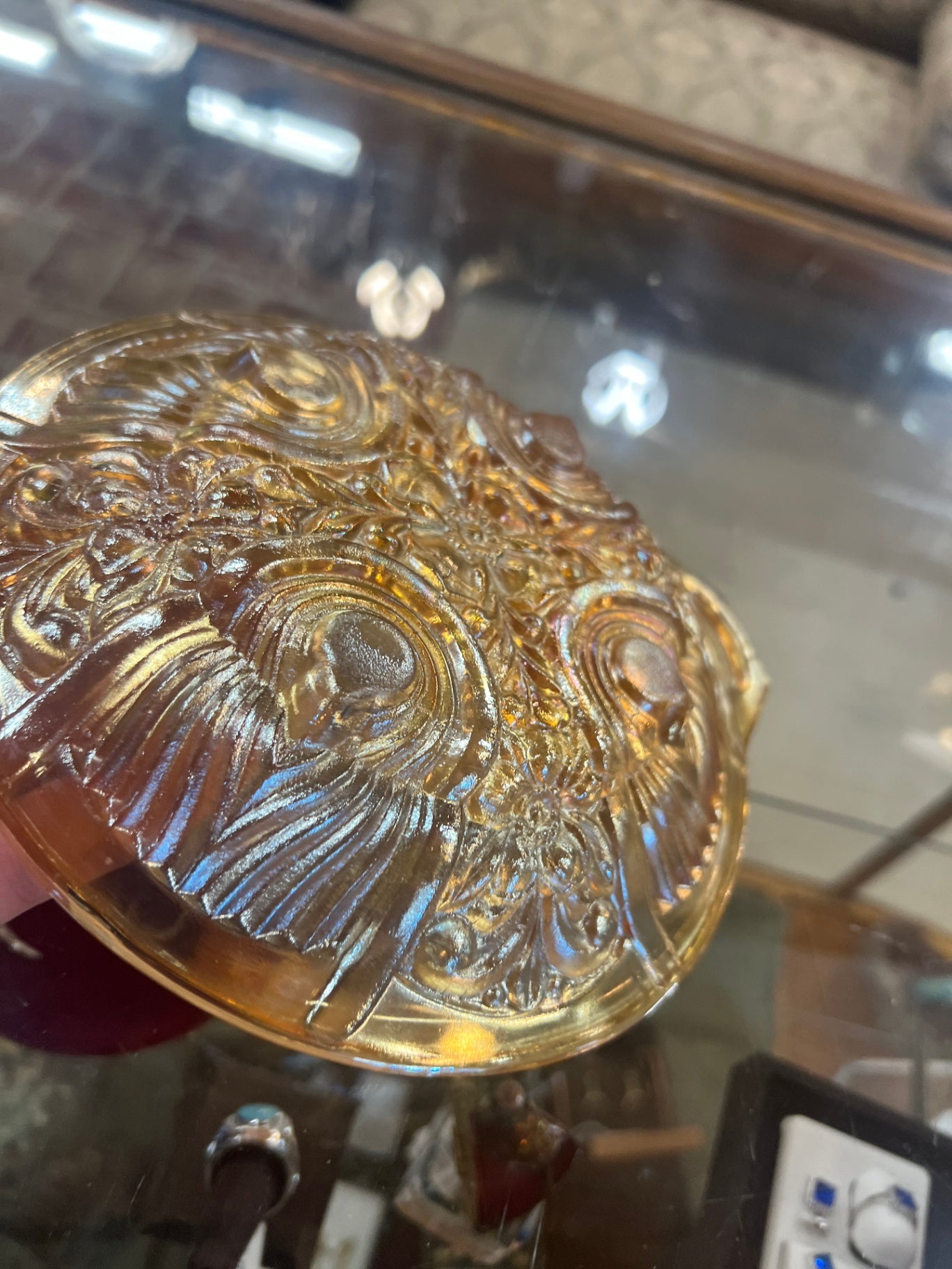 Carnival Indiana Glass divided relish dish in Iridescent Marigold color