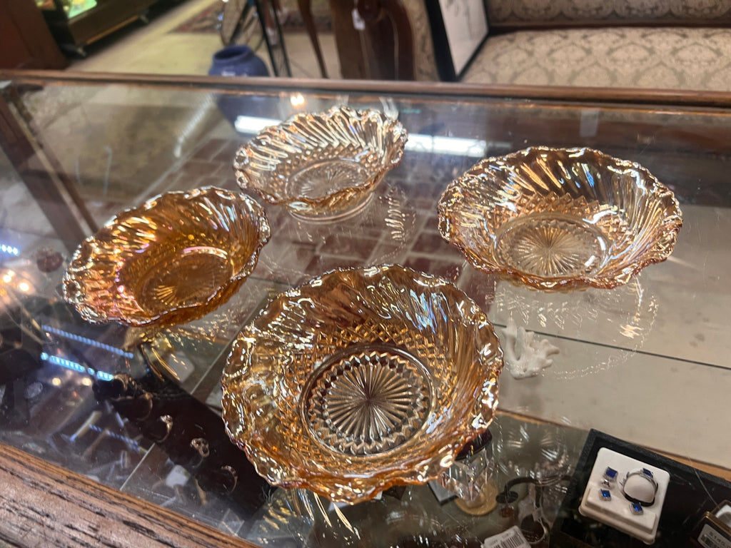Set Of 4 Vintage Marigold Carnival Glass Scalloped Edge Trinket Bowl