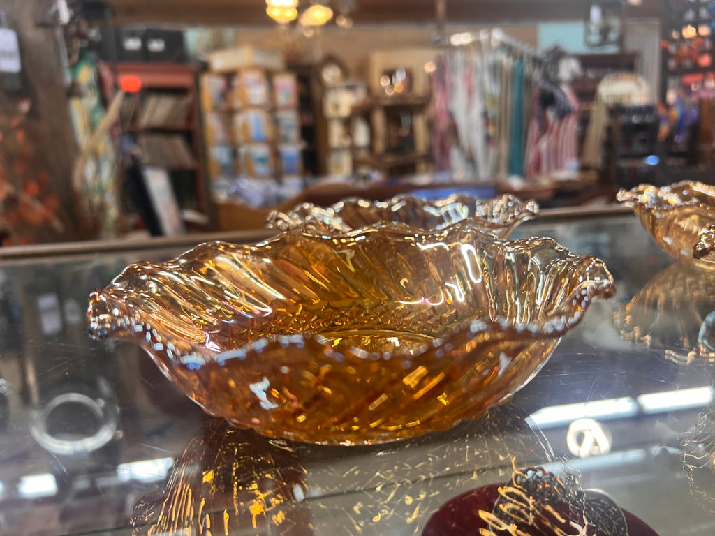 Set Of 4 Vintage Marigold Carnival Glass Scalloped Edge Trinket Bowl