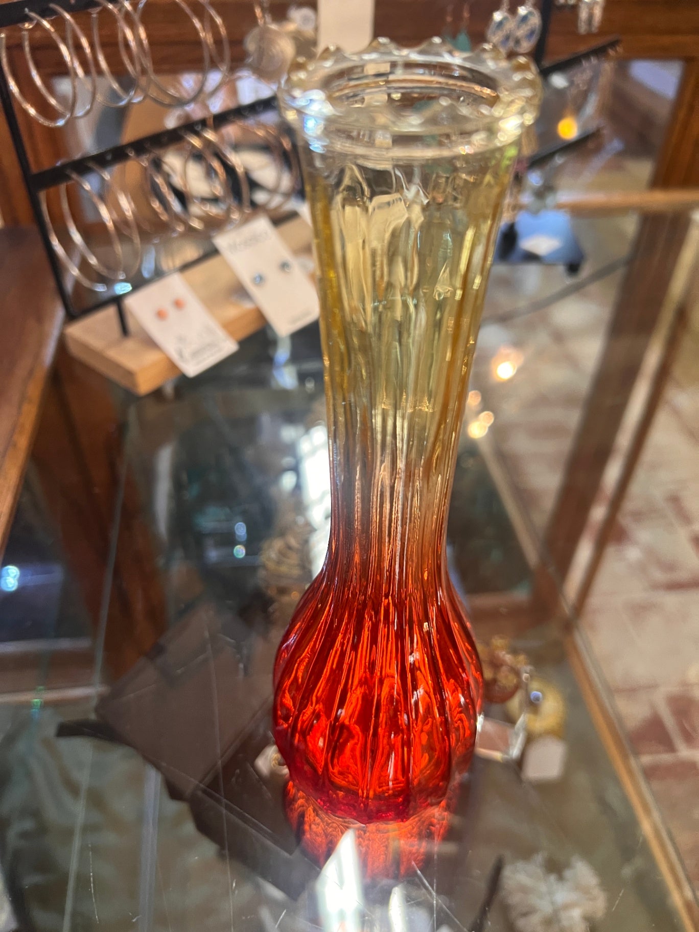 Vintage 1970s Jeannette Glass Amberina Red Yellow Bud Vase 8 1/2"