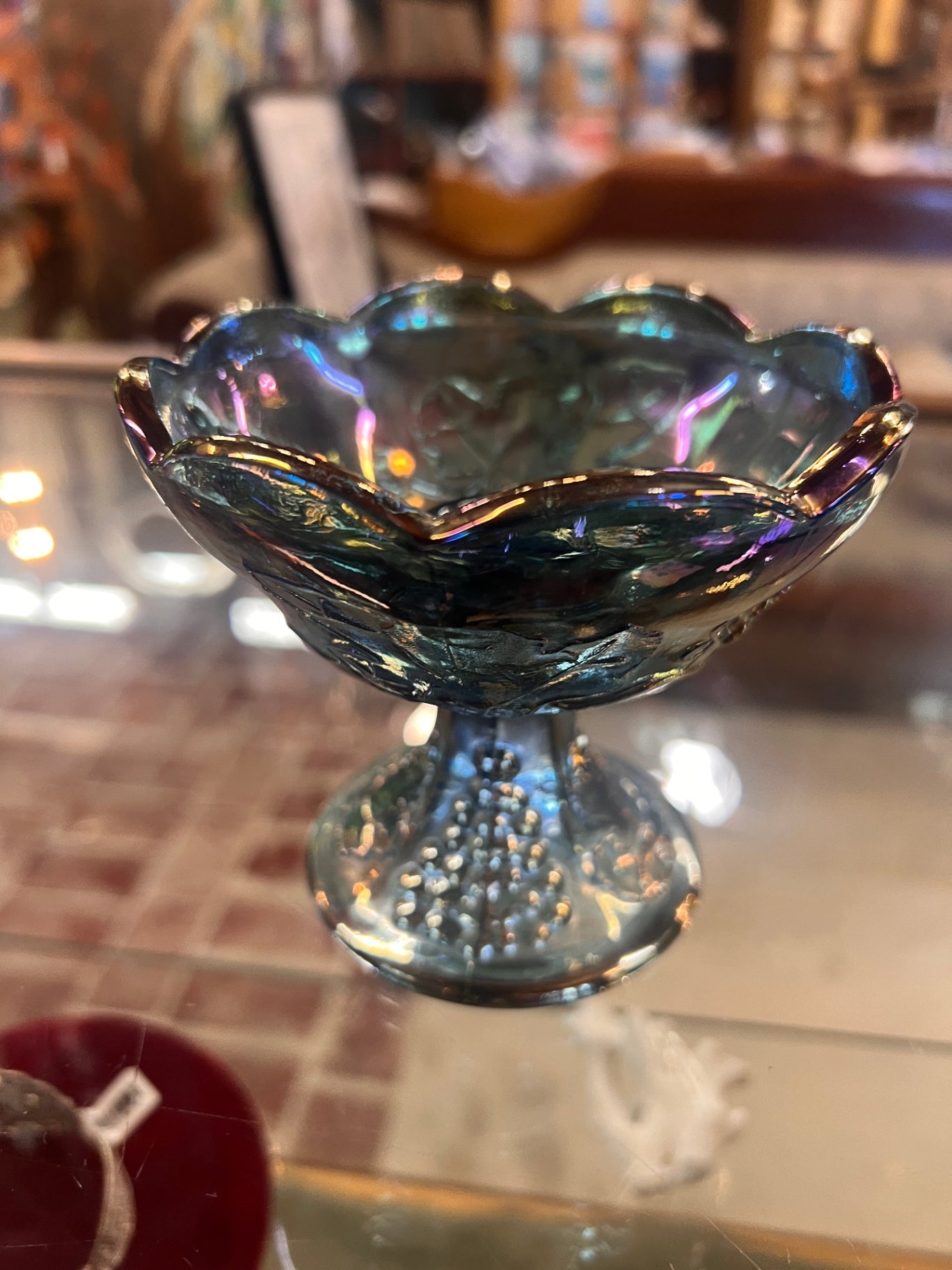 Vintage Blue Carnival Glass Grape Pattern Candle Holder Pedestal