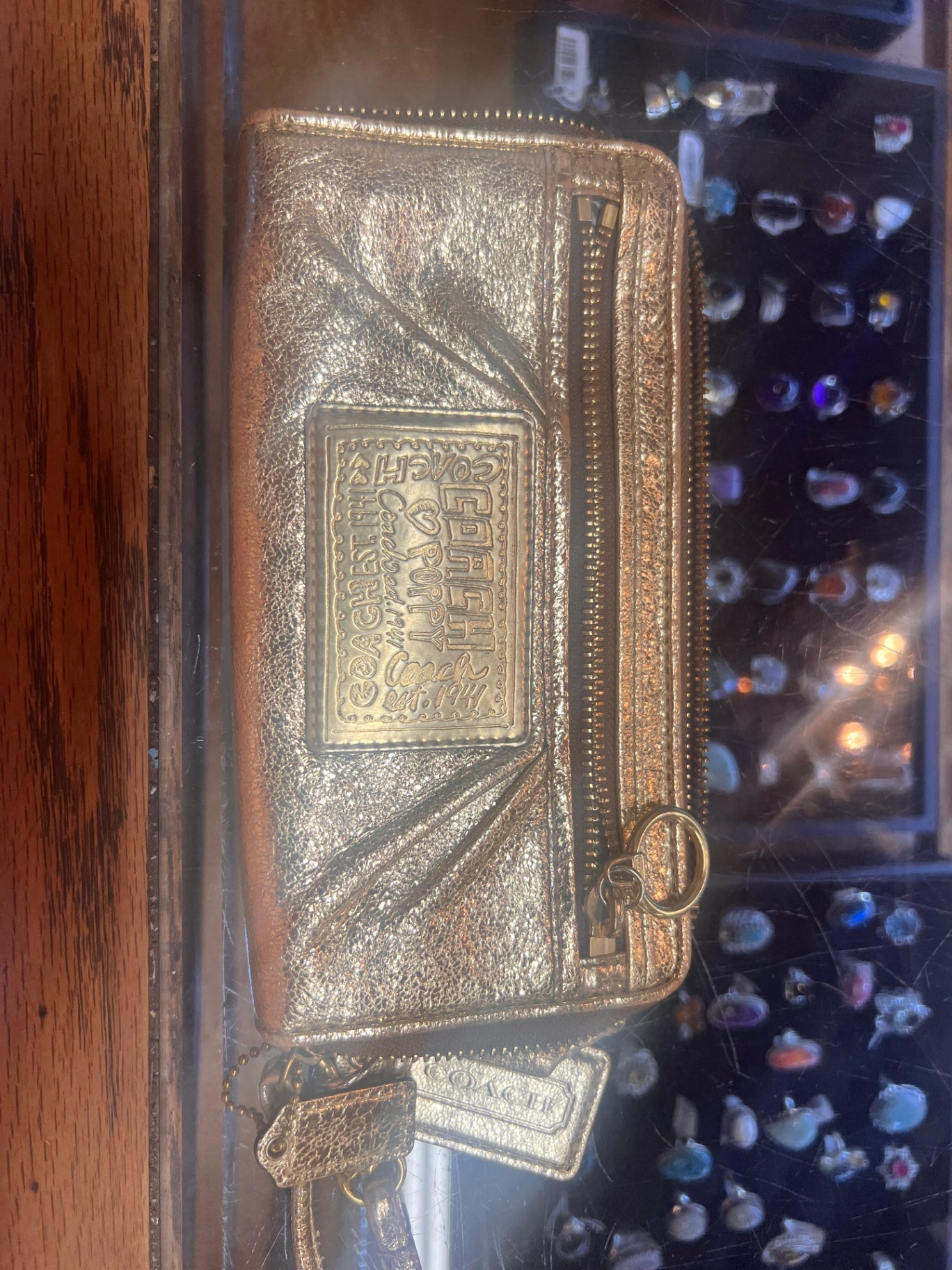Coach Poppy Gray Metallic Leather Double Zip Clutch Wristlet