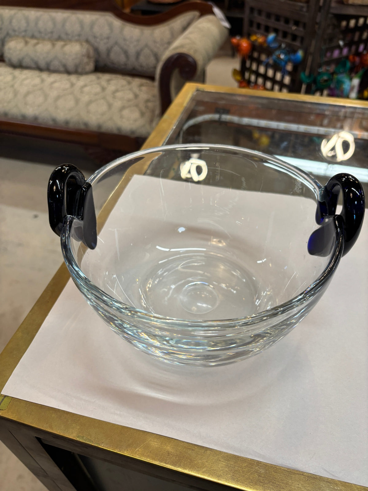 Toyo Sasaki clear glass serving bowl featuring dark cobalt blue pressed loop or leaf handles
