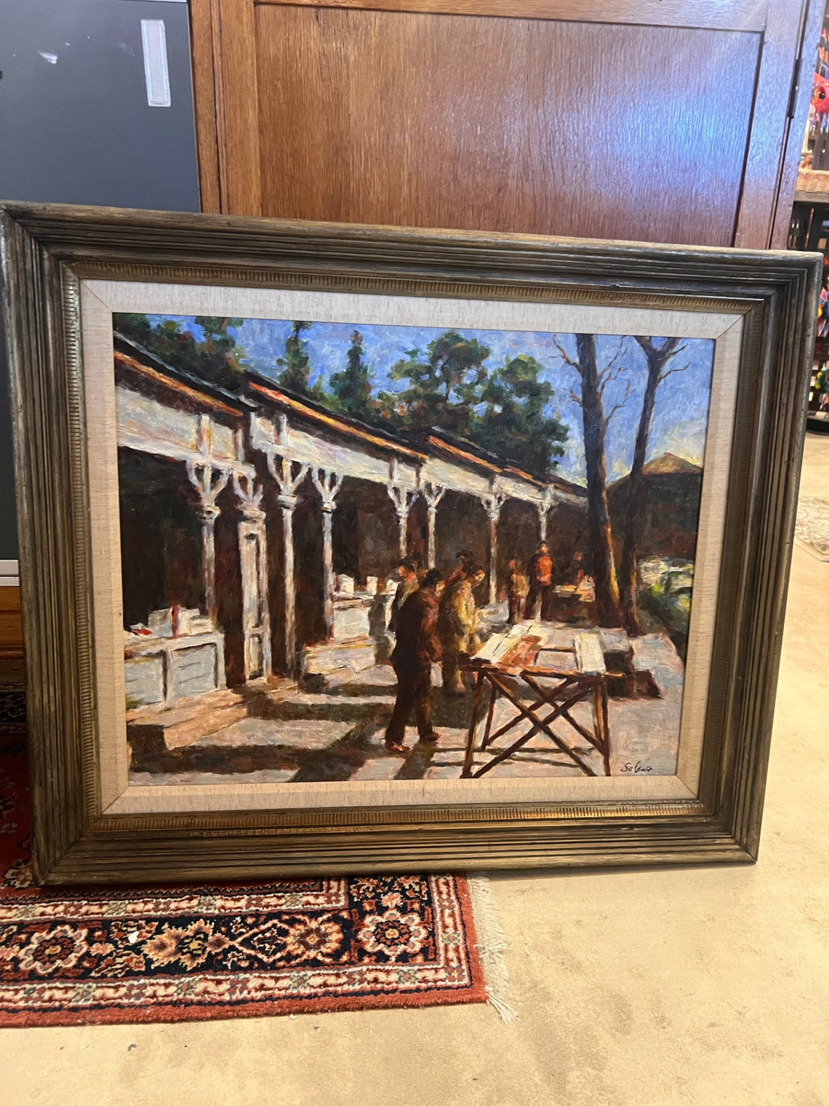Vintage Signed Salena Original Oil Painting Outdoor Art Market Scene