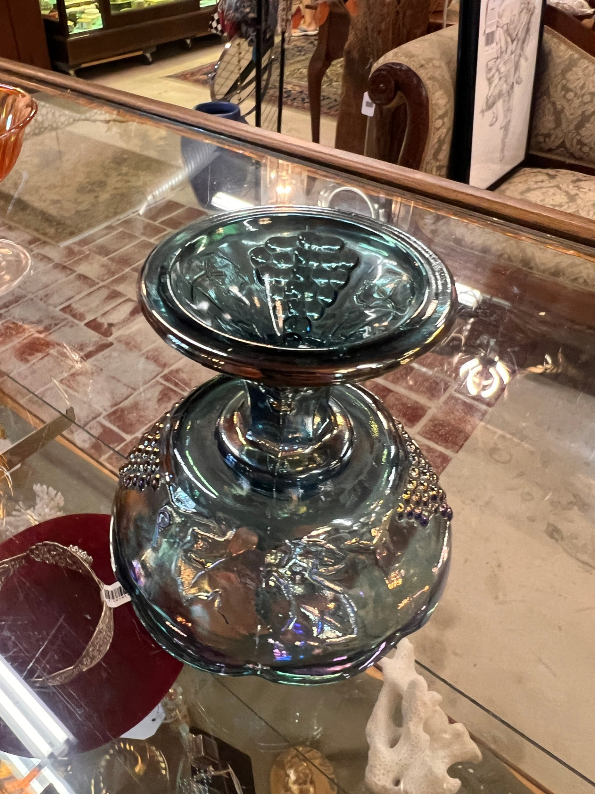 Vintage Blue Carnival Glass Grape Pattern Candle Holder Pedestal