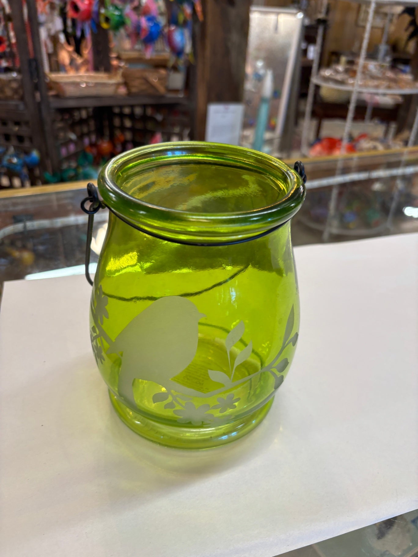 Teleflora Green Glass Tealight Candle lantern with Bird Etching