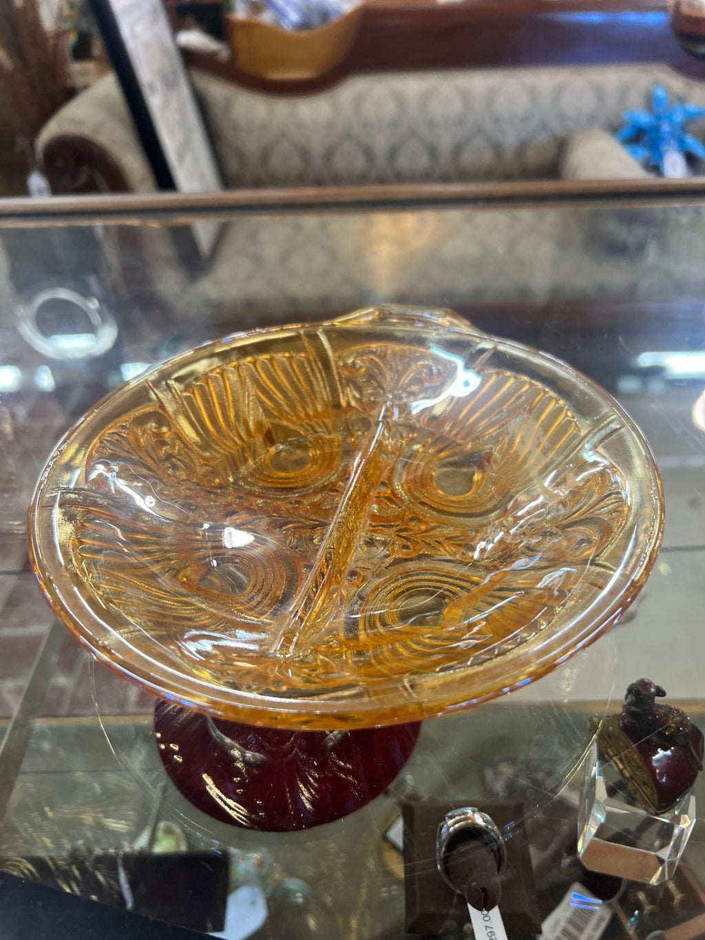 Carnival Indiana Glass divided relish dish in Iridescent Marigold color