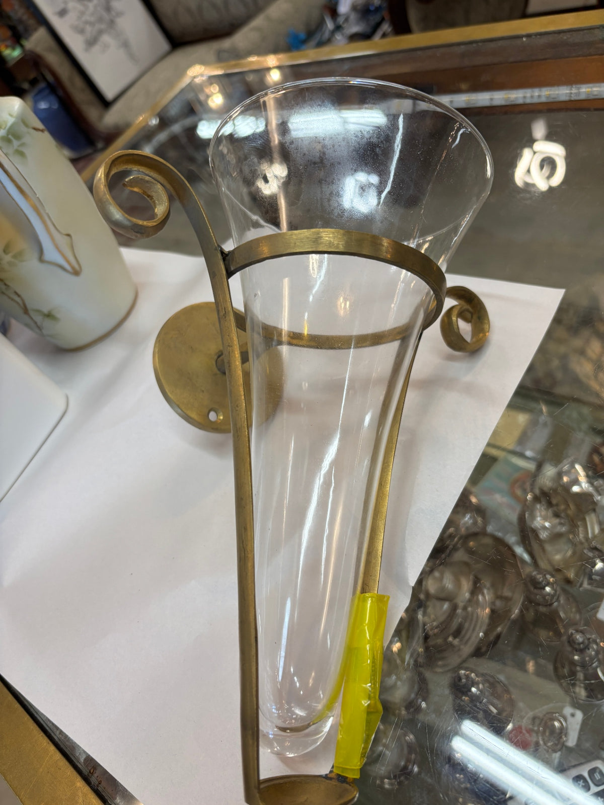 Vintage Brass and Hand-Blown Glass Wall Pocket Vase