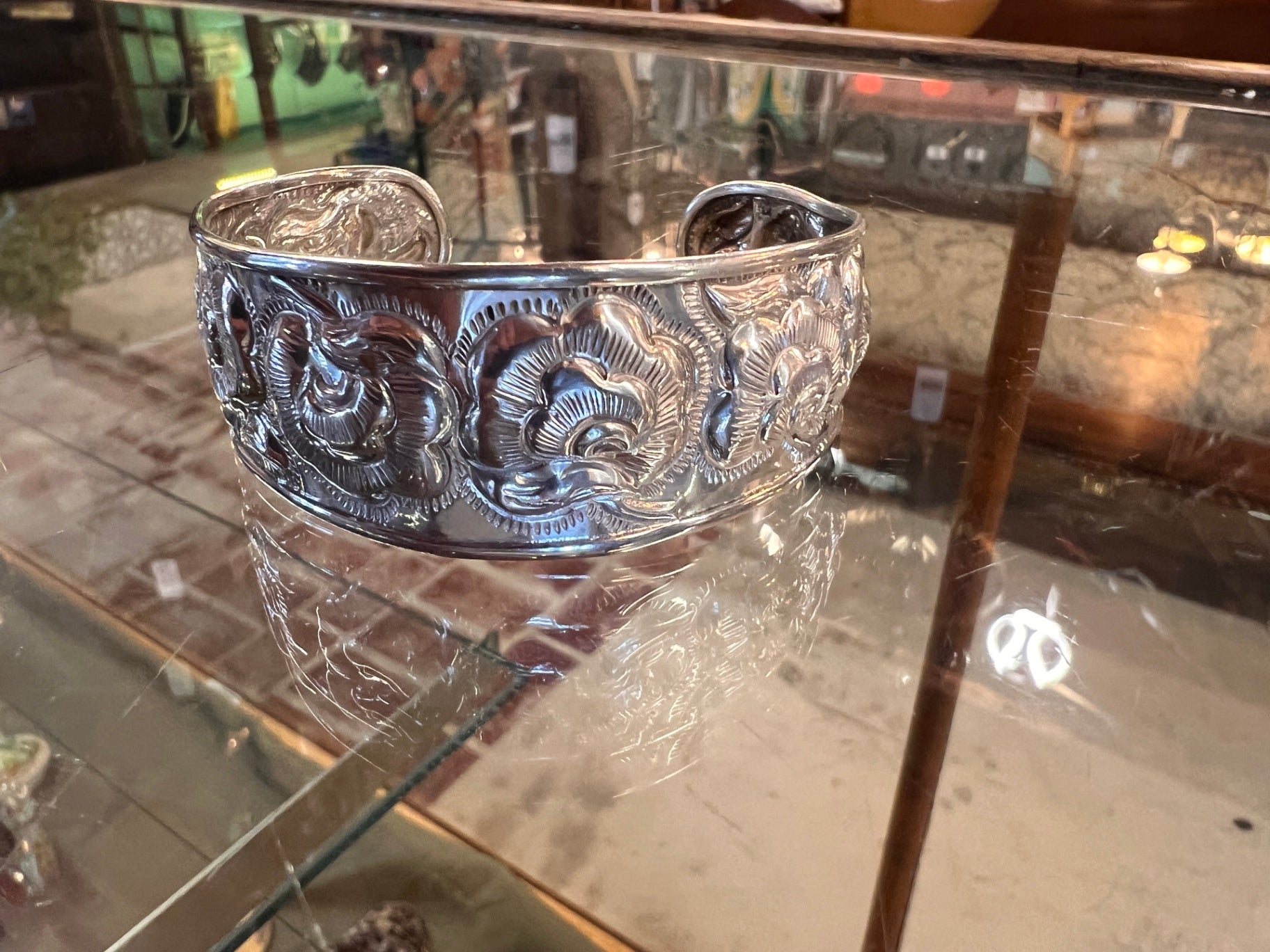 Vintage Sterling Silver 925 Repoussé Floral Cuff Bracelet – Wide Statement Design