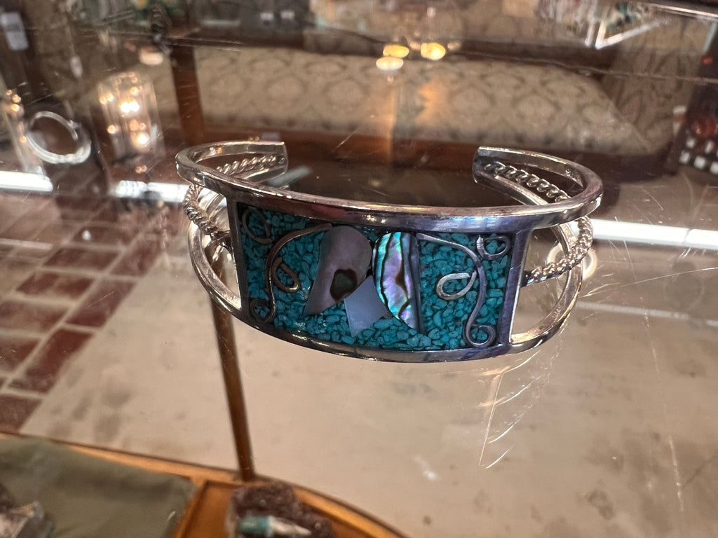 Vintage Alpaca Mexico Inlay Cuff Bracelet – Abalone & Turquoise Floral