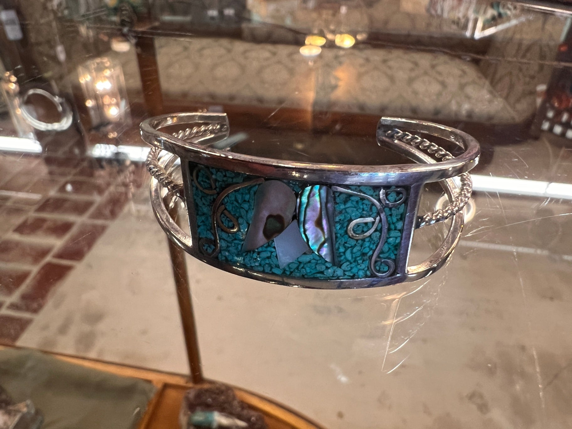 Vintage Alpaca Mexico Inlay Cuff Bracelet – Abalone & Turquoise Floral