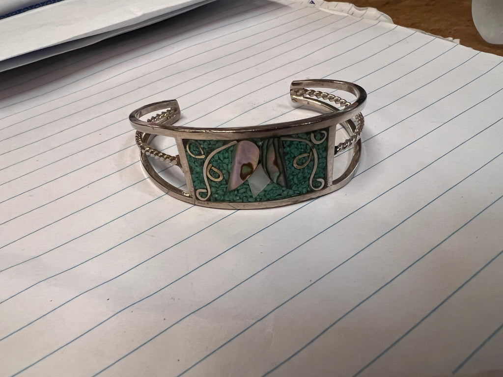Vintage Alpaca Mexico Inlay Cuff Bracelet – Abalone & Turquoise Floral