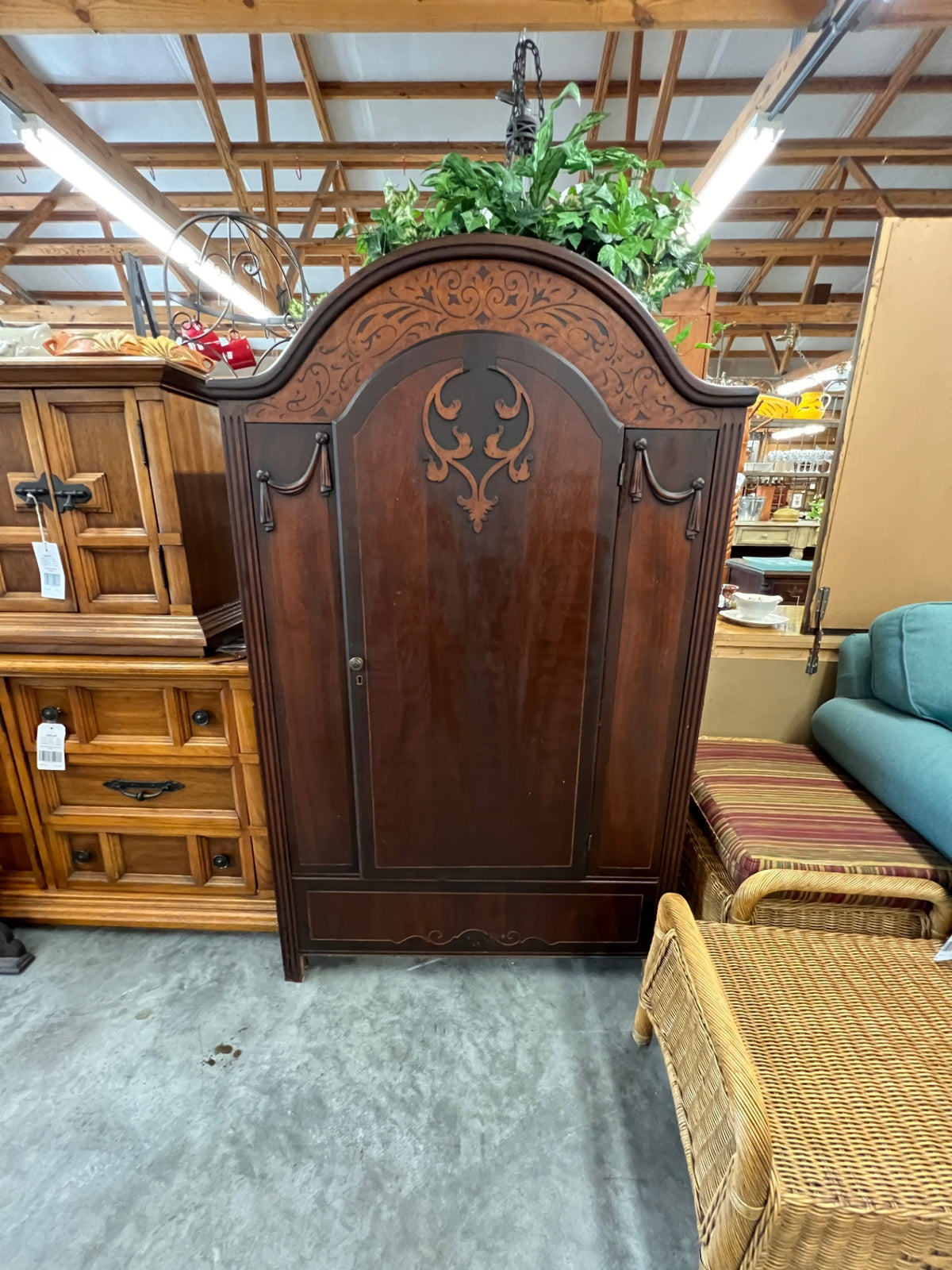 Vintage Mahogany Armoire Wardrobe with Raised Carved Wood Details