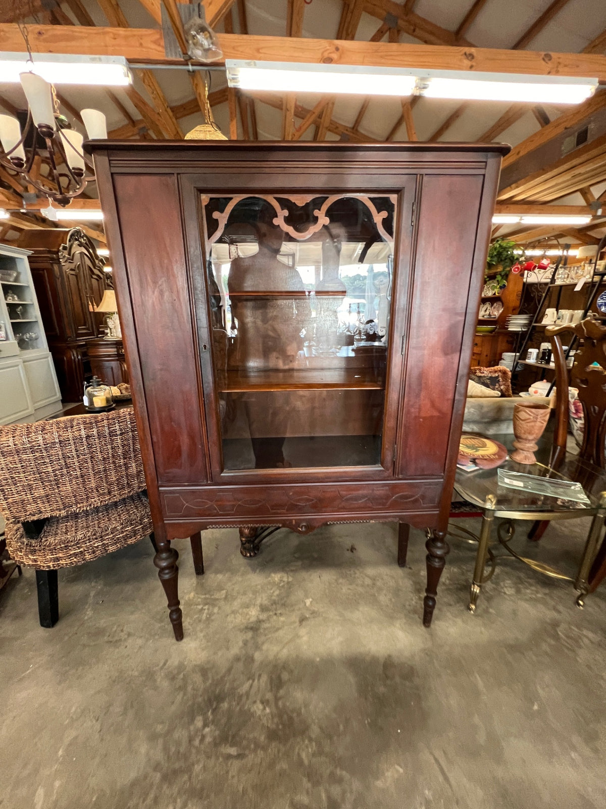 Antique Mahogany China Cabinet Display Case with Glass Door & Fretwork