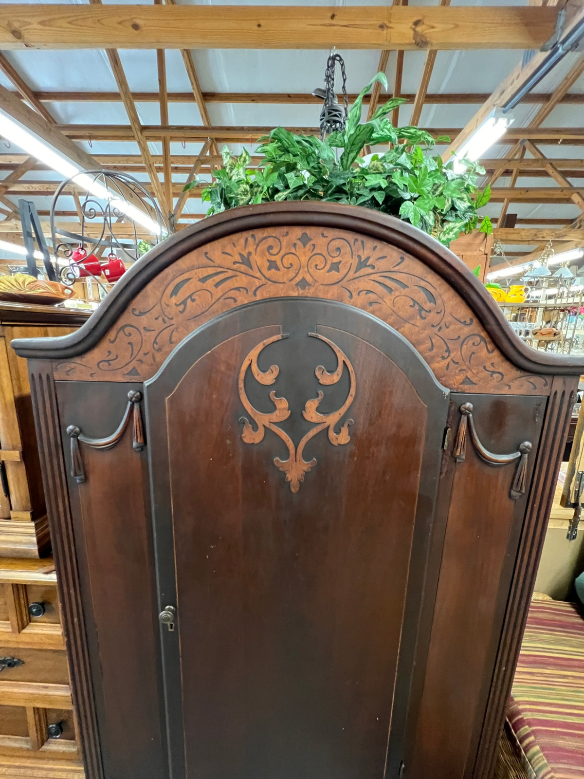 Vintage Mahogany Armoire Wardrobe with Raised Carved Wood Details