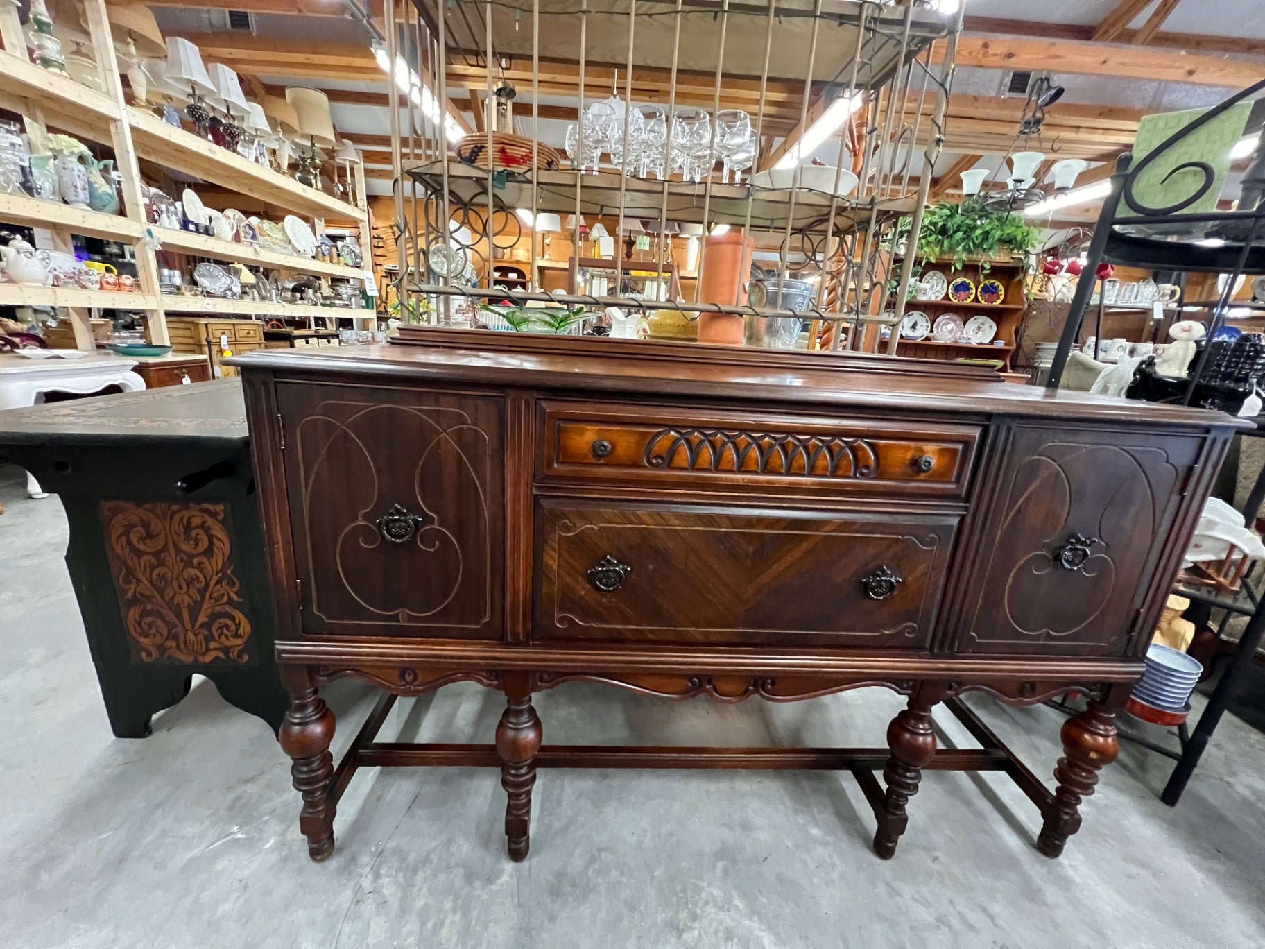 Vintage Jacobean Revival Sideboard Buffet with Turned Legs & Inlay