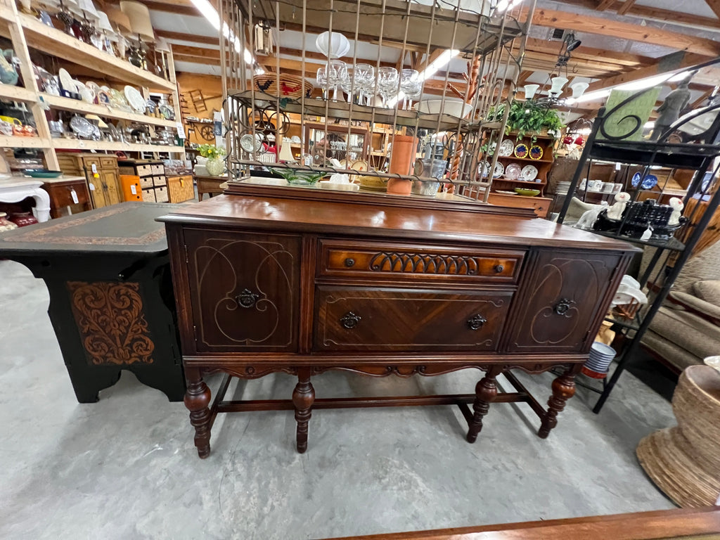 Vintage Jacobean Revival Sideboard Buffet with Turned Legs & Inlay